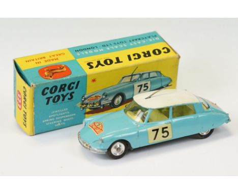 Boxed Corgi 323 Citroen DS 19 in Monte Carlo trim diecast model in pale blue with white roof, diecast vg with some decal and 