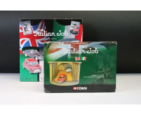 Boxed Corgi The Italian Job CC82217 Diorama with 1:36 scale Mini plus a boxed Lledo Italian Job Special Edition Vanguards die