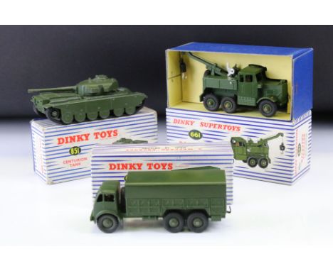 Three boxed Dinky military diecast models to include 661 Recovery Tractor, 622 10 Ton Army Truck and 651 Centurion Tank, diec
