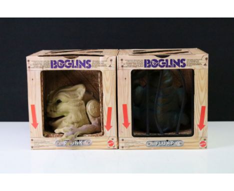Two original boxed Mattel Boglins action figure puppets to include Plunk (missing cage) and Flurp, boxes vg overall with some