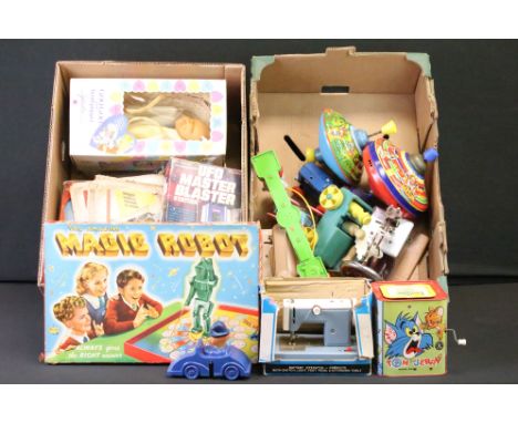 Collection of assorted toys and games to include Tom and Jerry music box, Chad Valley Hummingtop, three toy sewing machines (