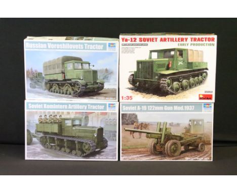 Four boxed 1/35 military plastic model kits to include 3 x Trumpeter (01573 Russian Voroshilovets Tractor, 02325 Soviet A-19 