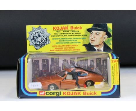 Boxed Corgi 290 Kojak Buick diecast model complete with figure and "Lieutenant" self-adhesive Police badge, diecast ex, box e