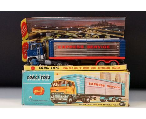 Boxed Corgi 1137 Ford Tilt Cab H Series with detachable trailer diecast model complete with figure, diecast ex with minimal w