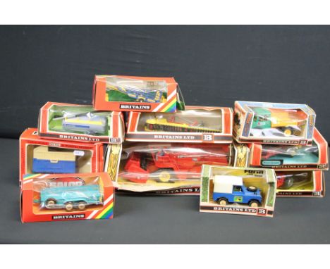 Ten Boxed Britains 1:32 diecast agricultural models to include 9570 Massey Ferguson Combine Harvester, 9566 High Sided Tipper