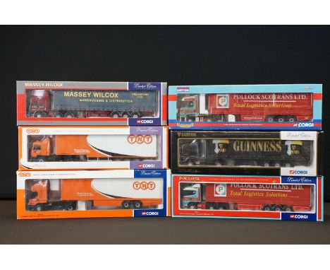 Six boxed Corgi ltd edn diecast models to include CC12111 TNT, CC13809 Pollock, 76403 Guinness, 76401 Pollock, 75206 Massey W