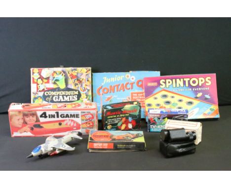 Collection of vintage games and toys to include Merit Spin Tops, Scalecraft Motorised Ferrari V12 F1 Car snap together kit, S