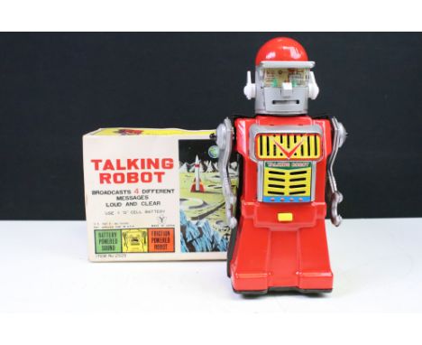 Boxed Yonezawa Talking Robot battery-operated tinplate toy, circa 1950's, in red &amp; silver, item no. 2525 (tin plate gener