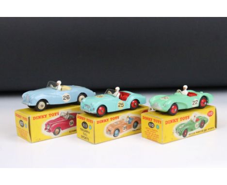 Three boxed Dinky diecast models to include 107 Sunbeam Alpine Sports in pale blue, 110 Aston Martin DB3 Sports in light gree