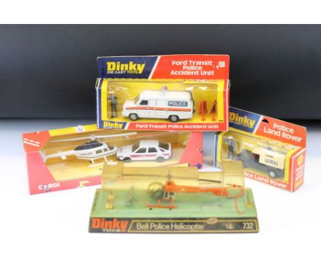 Three boxed Dinky diecast models to include 732 Bell Police Helicopter diecast model (diecast ex, discolouring to box lid, tr