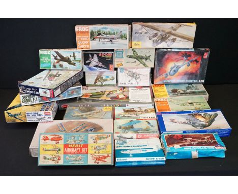 21 Boxed &amp; unbuilt plastic aircraft model kits, mostly 1:48 to 1:72 scale, to include Frog, Merit, Heller, Hobby Craft, G