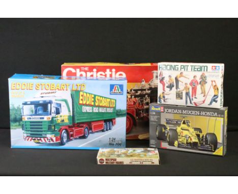 Five boxed plastic model kits / figure set to include Italeri 1/24 708 Eddie Stobart Truck &amp; Trailer, Airfix 20442 The Ch