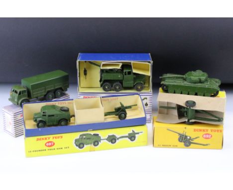 Five boxed Dinky military diecast models to include 697 25 Pounder Field Gun Set (diecast vg), 622 10 Ton Army Truck (diecast
