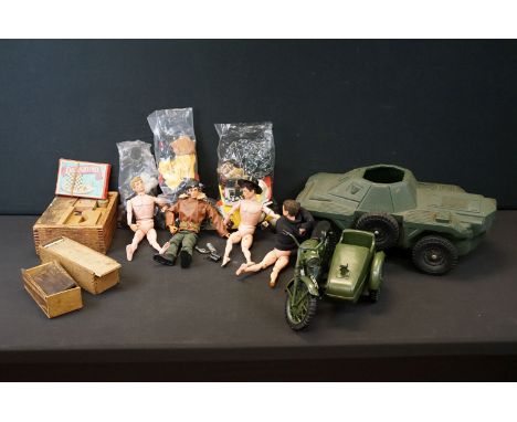Action Man - Four original Palitoy Action Man figures together with an Action man motorcycle &amp; sidecar (gun bracket a/f),