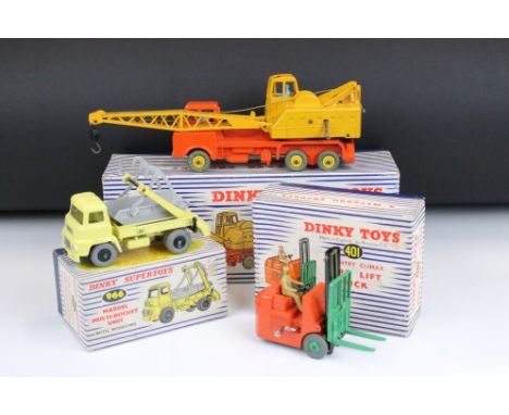 Three boxed Dinky diecast models to include 972 20 Ton Lorry Mounted Coles Crane, 966 Marrel Multi Bucket Unit and 401 Fork L