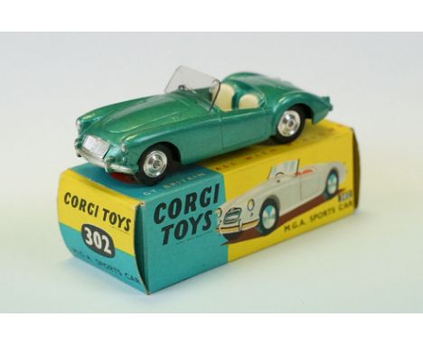 Boxed Corgi 302 MGS Sports Car diecast model in metallic green, diecast ex with ex windscreen, box gd 