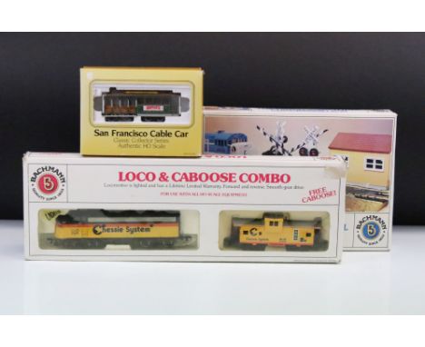 Three boxed Bachmann 5 HO gauge items to include 61600 EMD F9 Diesel Loco &amp; Caboose Set, 46214 Duel Crossing Gates with f