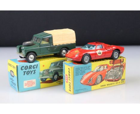 Two boxed Corgi diecast models to include 314 Ferrari Berlinetta 250 Le Mans and 438 Land Rover, diecast ex, boxes vg 