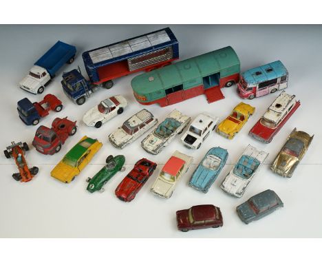 Around 20 mid 20th C heavily play worn Corgi diecast models to include Sunbeam Imp Police Car, Chipperfield Circus Articulate