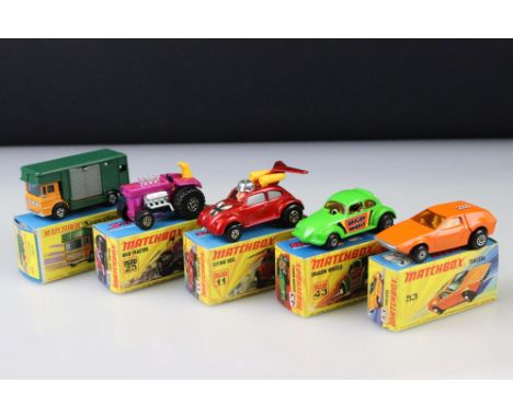 Five boxed Matchbox Superfast models to include 11 Flying Bug, 25 Mod Tractor, 43 Dragon Wheels, 53 Tanzara and 17 Horse Box,