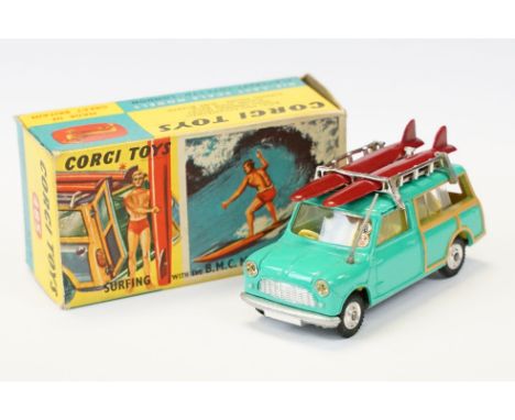 Boxed Corgi 485 Surfing with the BMC Mini Countryman diecast model complete with 2 x surfboards and surfer figure, diecast ex