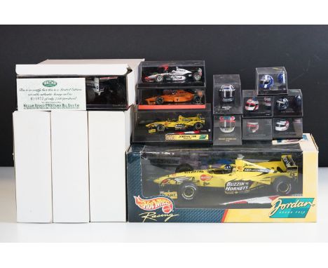 15 Boxed / cased F1 related diecast models and helmets to include 4 x cased Heritage Classics, 1/18 Mattel Hot Wheels Jordan 