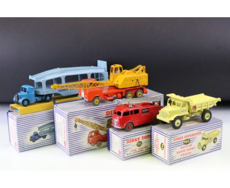 Four boxed Dinky diecast models to include 982 Pullmore Car Transporter (plus a boxed 994 Loading Ramp), 972 20 Ton Lorry Mou