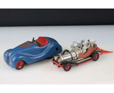 Clockwork tin plate Schuco Radio Car in blue, no key, plus a Corgi Chitty Chitty Bang Bang diecast model with all 4 x figures