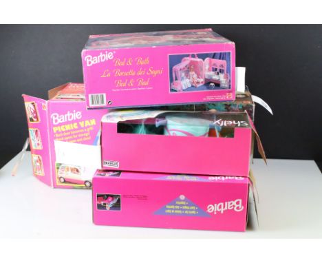 Four boxed Mattel Barbie playsets / accessories to include 13185 Picnic Van, 18605 Bed &amp; Bath, 67532-91 Sports Car and 24