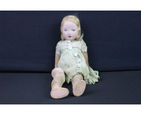 Mid C Chad Valley Hygiene Toys felt doll with loose leg, original dress, painted felt face, 16" approx height