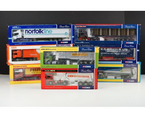 Eight boxed ltd edn 1/50 Corgi haulage diecast models to include 74902 A.J.A Smith Transport Ltd, 76404 Prestons Of Potto, 75