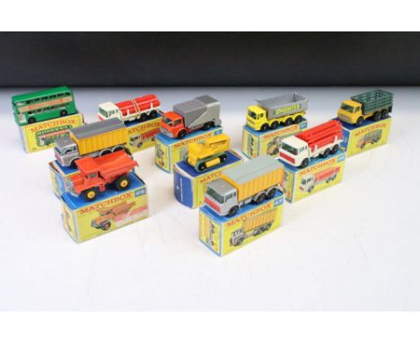 10 Boxed Matchbox 75 Series diecast models to include 51 8 Wheel Tipper, 2 x 47 DAF Tipper Container Truck, 8 Caterpillar Tra