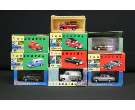 Nine boxed / cased Vanguards 1:43 scale diecast models to include Anniversary Collection VA 05007, 2 x The British Motor Corp