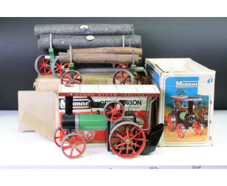 Steam Engine - Boxed Mamod Steam Tractor (worn, box tatty), Mamod boxed open wagon OW.1 (cart missing wheels present) and box
