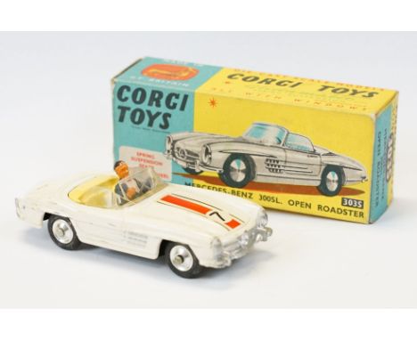 Boxed Corgi 303S Mercedes Benz 300SL Open Roadster diecast model in white with driver, diecast showing paint marks, vg decals