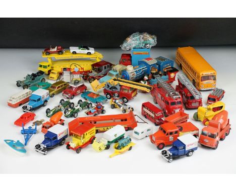 Around 35 mid 20th C play worn diecast, tin plate &amp; plastic models to include Corgi, Matchbox, Dinky etc featuring Corgi 