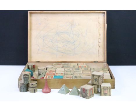 Boxed set of early 20th C French Splendides Blocs - Cubes, Construction paper lithographed architectural blocks, cylinders an