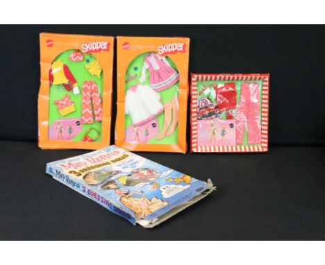 Three boxed Mattel Barbie &amp; Skipper fashion outfit sets, circa 1960s / 70s, to include Barbie 3428 'The Zig-Zag Bag' outf