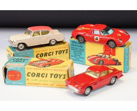 Three boxed Corgi diecast models to include 314 Ferrari Berlinetta 250 Le Mans (paint chips, gd box), 218 Aston Martin DB4 in