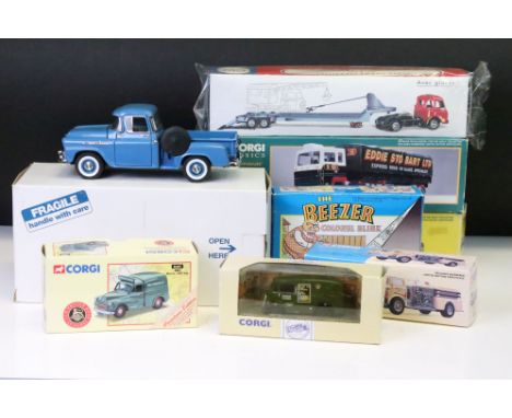 Eight boxed diecast models to include Danbury Mint 1958 Chevrolet Apache Pickup Truck, CIJ Europarc Renault Saviem LRS Porte-