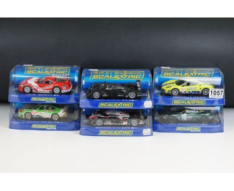 Six cased Scalextric slot cars to include C3080 Ferrari F430 GT2 Krohn Racing ,C2644D Aston Martin DBR9 No 57, C26650 Porsche