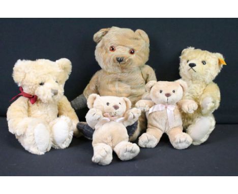 Group of five Teddy bears to include a Steiff Classic Blonde Mohair Teddy Bear (no. 004704, button to ear), a Mid 20th C stra