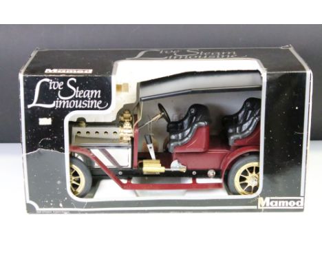 Steam Engine - Mamod Live Steam Limousine boxed in a red colourway. Box missing clear plastic cover, cardboard tatty.
