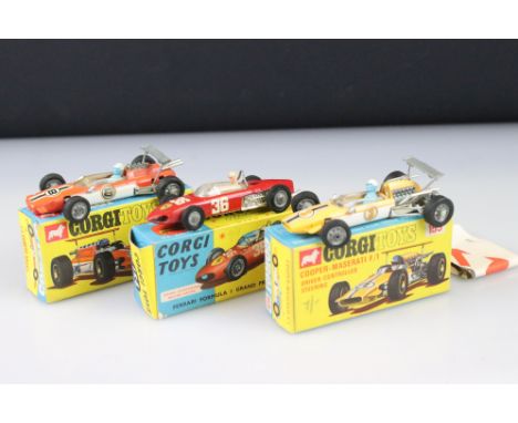 Three boxed Corgi diecast models to include 158 Lotus Climax F1 in orange &amp; white, 154 Ferrari Formula 1 Grand Prix Racin