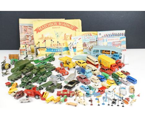Around 60 mid 20th C play worn diecast models to include Dinky, Corgi and Matchbox examples, featuring Dinky 982 Pullmore Car