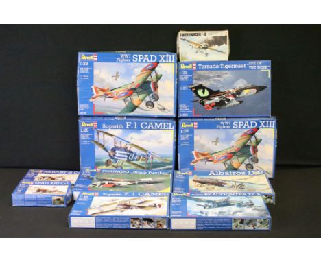 11 Boxed &amp; unbuilt Revell plastic aircraft model kits, 1:28 to 1:72 scale, to include 04660 Black Panther, 04695 Tornado 