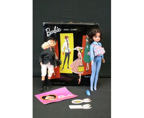 Original Mattel Barbie Doll Case containing unmarked fashion doll, various clothing (original and custom) and accessories plu