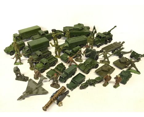 Quantity of Dinky, Corgi and Britains military models, overall playworn, some repainting (23). Together with 17 x mostly plas