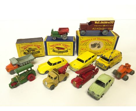 11 x unboxed Matchbox models, conditions vary. Together with a 6 Quarry Truck (in handmade Matchbox box), an empty Moko Match