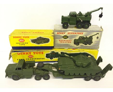 Three Dinky Toys military models: 651 Centurion Tank; 660 Tank Transporter; 661 Recovery Tractor. Overall G in P boxes. 